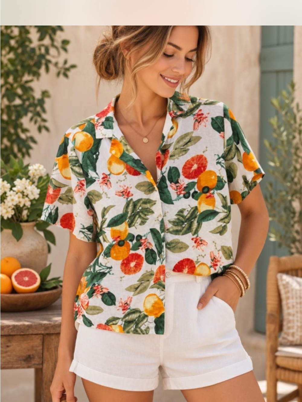 Cynthia Rowley White Citrus Print Short Sleeve Button-Down